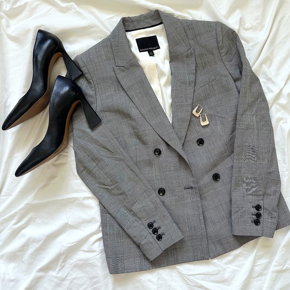 Banana Republic Gray Double-Breasted Plaid Blazer